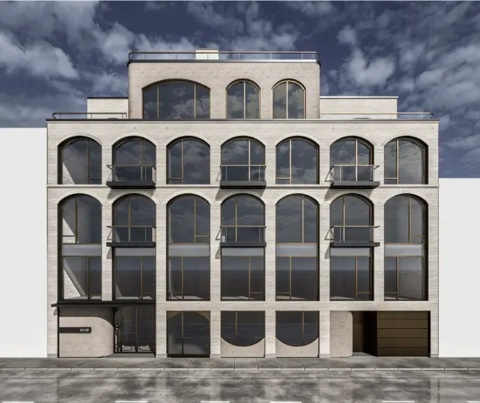Rendering of ARCO — a pale brick façade of arched floor-to-ceiling windows
