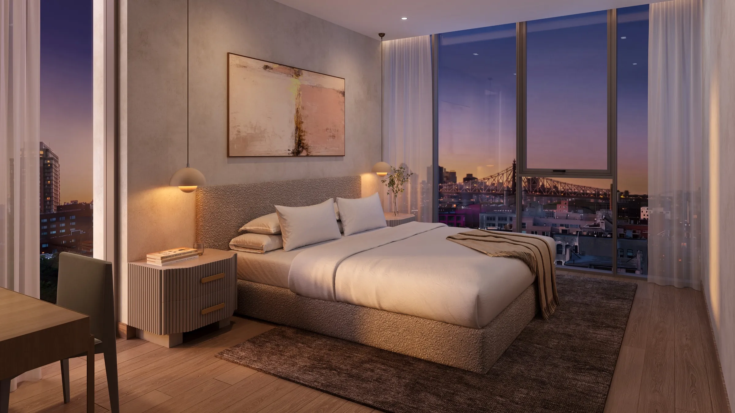 Rendering of a residence bedroom at dusk, floor-to-ceiling glazing toward the Queensboro Bridge