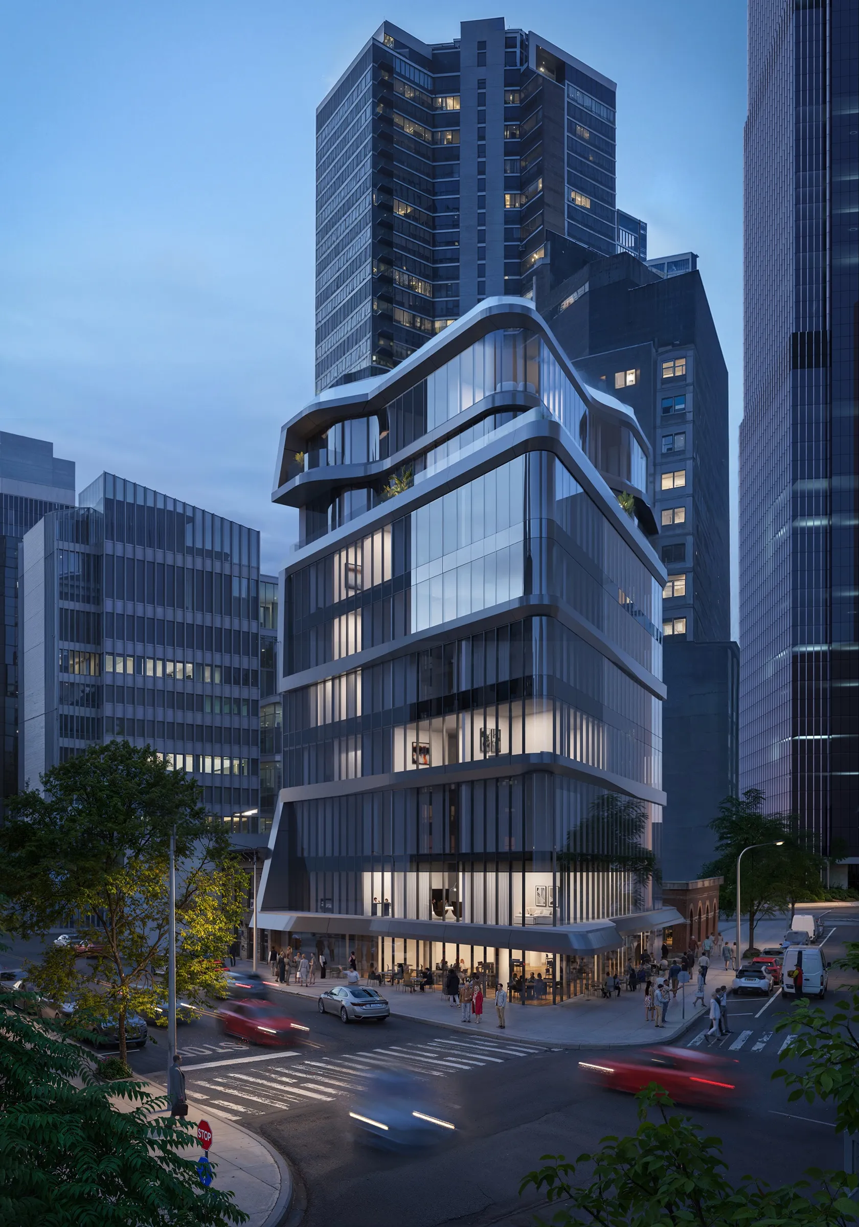 Rendering of ICON at dusk — a curved glass tower above a lit corner storefront