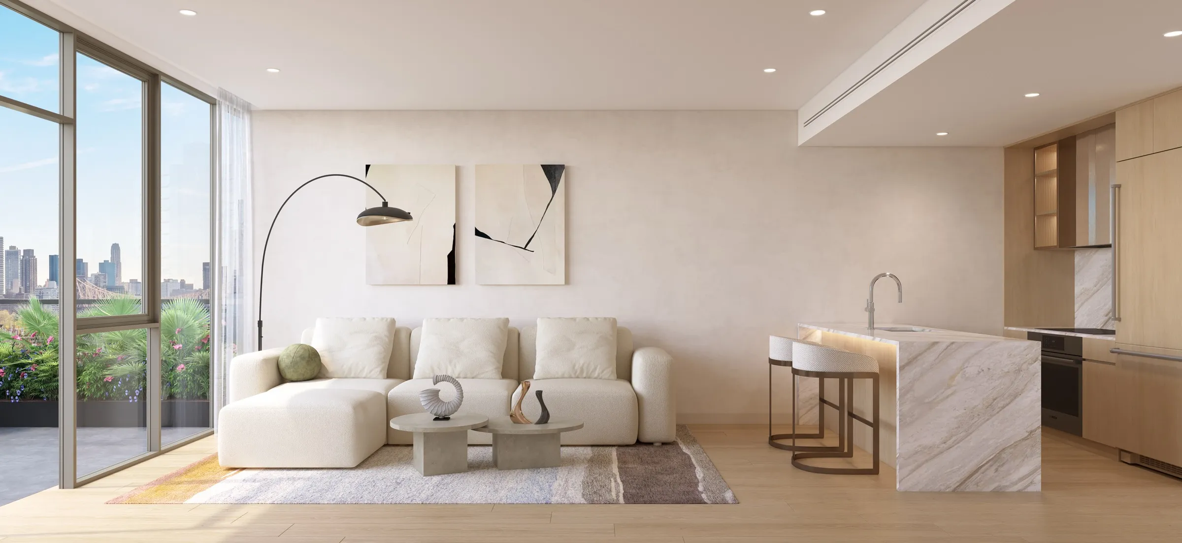 Rendering of a residence living room with a cream sectional and marble island kitchen, opening to a planted terrace above the city skyline
