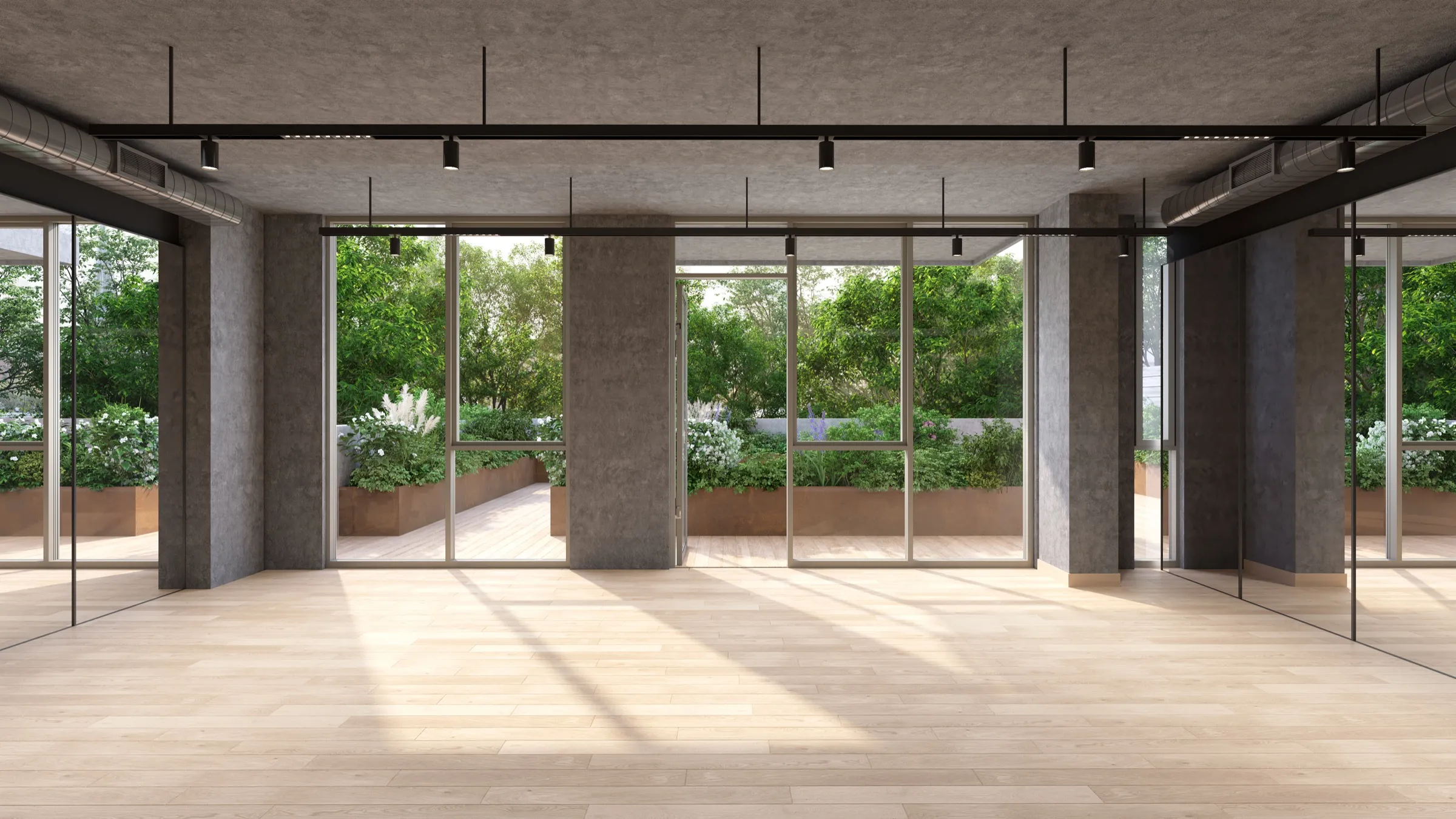 Rendering of a residence amenity space with a board-formed concrete ceiling and full-height glazing onto a planted terrace