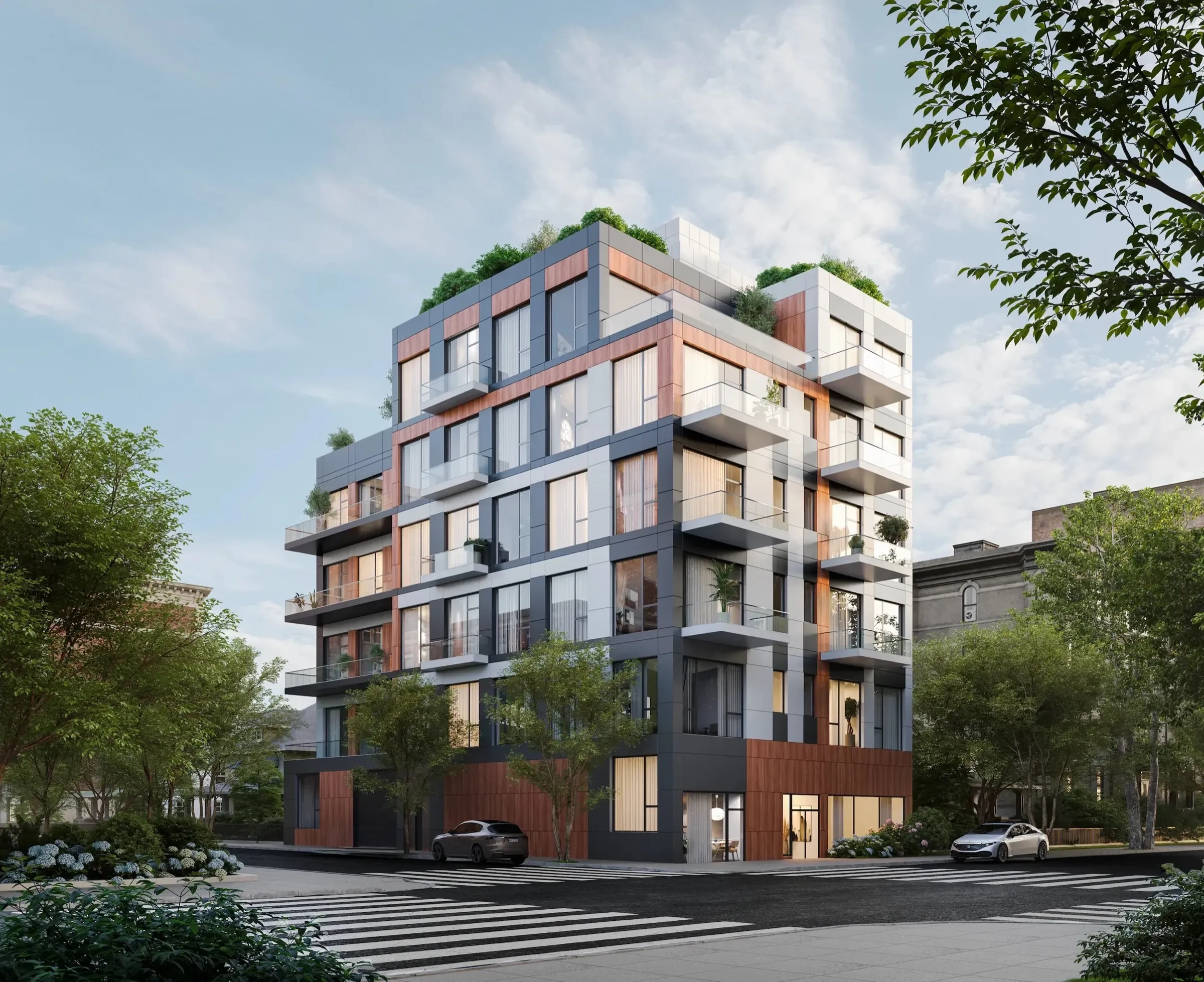 Rendering of Ten27 — copper-toned panels and glass balconies on a tree-lined Bushwick corner