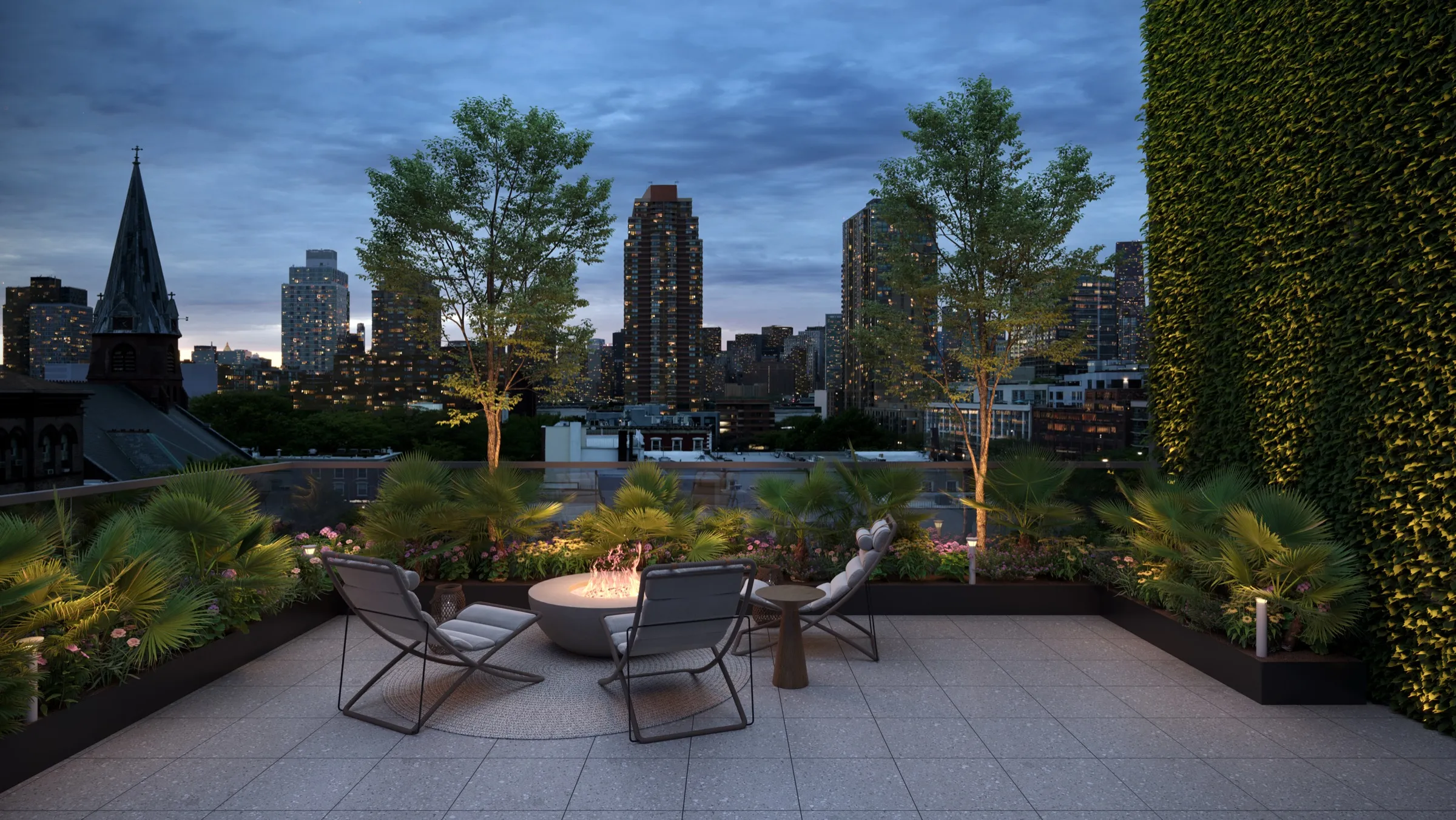 Rendering of a residence terrace at dusk, plantings and low seating before the Manhattan skyline