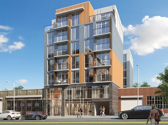 Rendering of The Northern — wood-accented setbacks above a brick and glass base