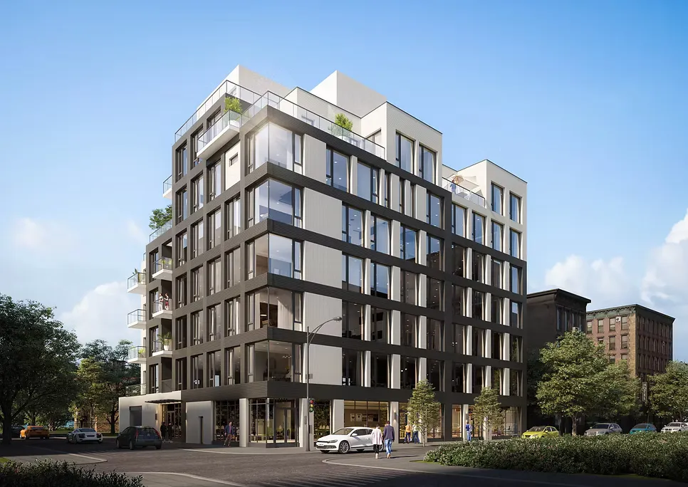 Rendering of The Oasis — a corner residence with deep-set windows and rooftop terraces