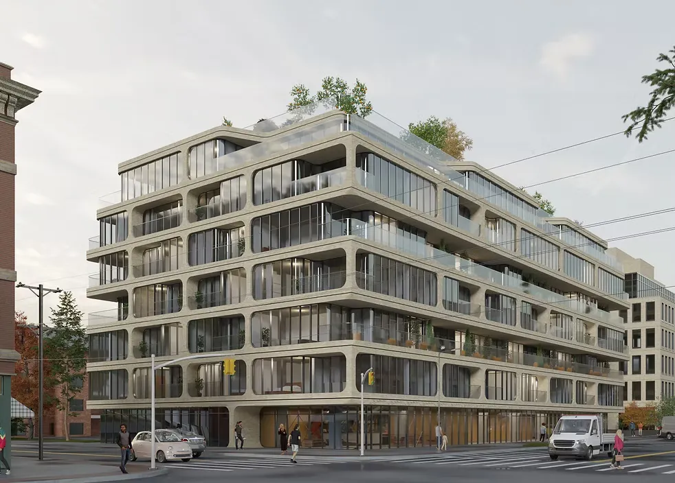 Rendering of The Rowan — rounded floor bands and glass balconies beneath a planted roof terrace